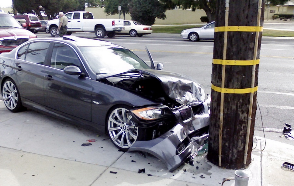 Car crashed into telephone pole.